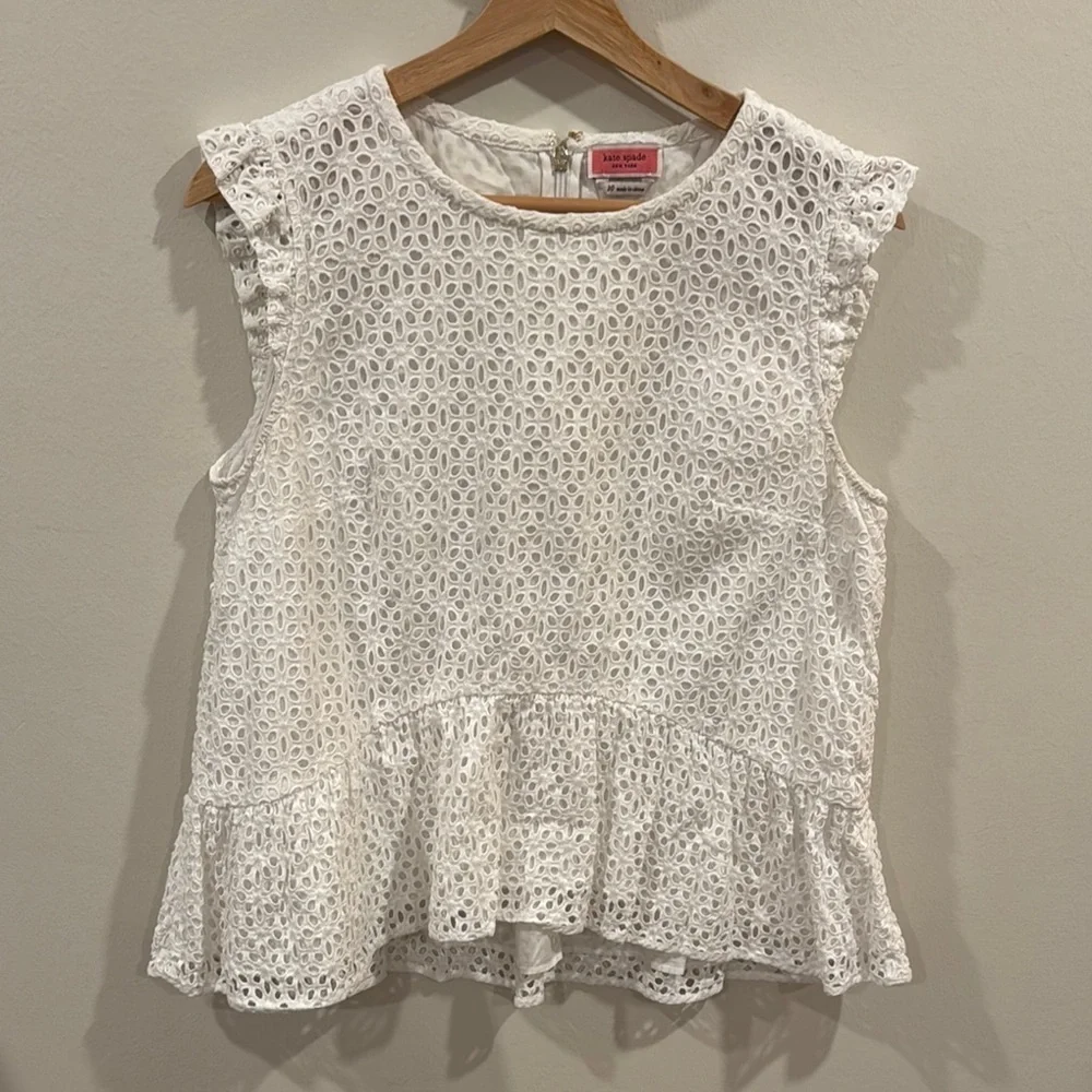 Kate Spade Women’s Eyelet Flounce Top White 100% Cotton Sleeveless Size 10